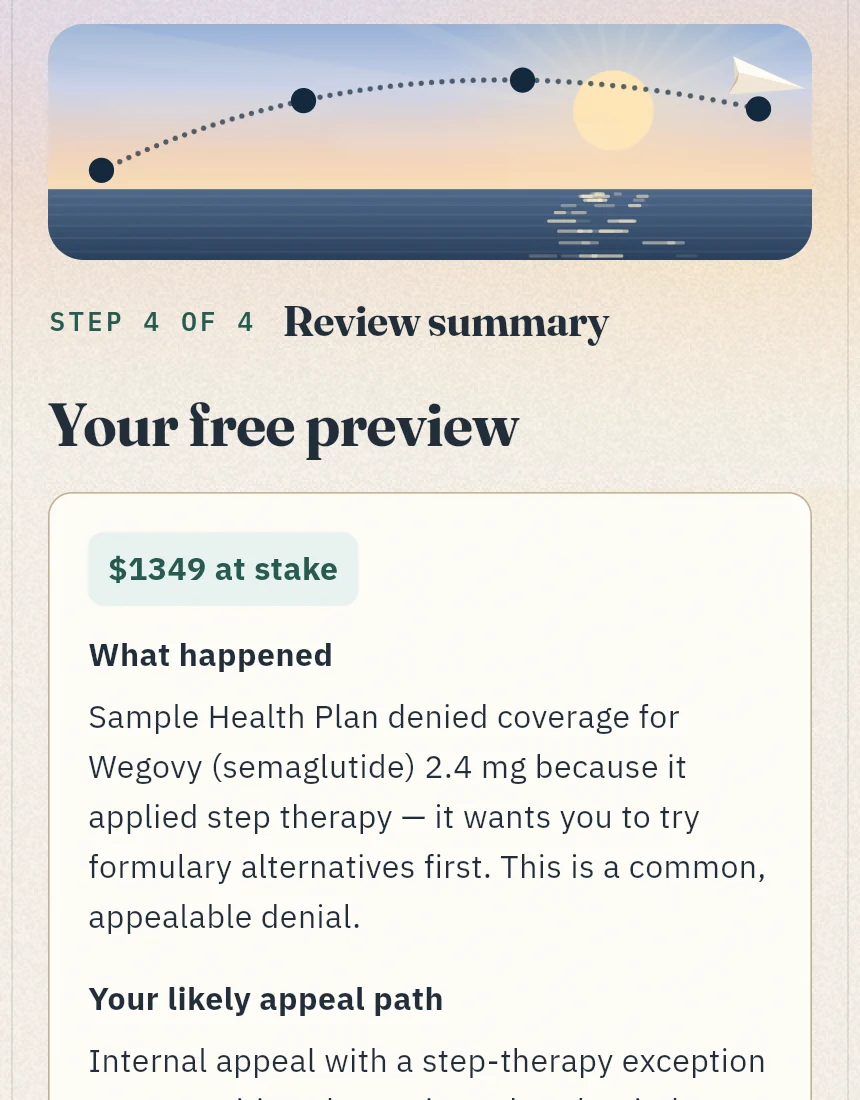 The free summary in the GetMyYes app on a fictional case: the amount at stake, what happened, and the likely appeal path.